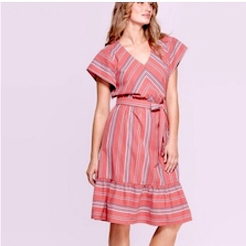 Universal Thread Pink mauve Stripe Midi Dress v neck tie waist ruffle cotton XL